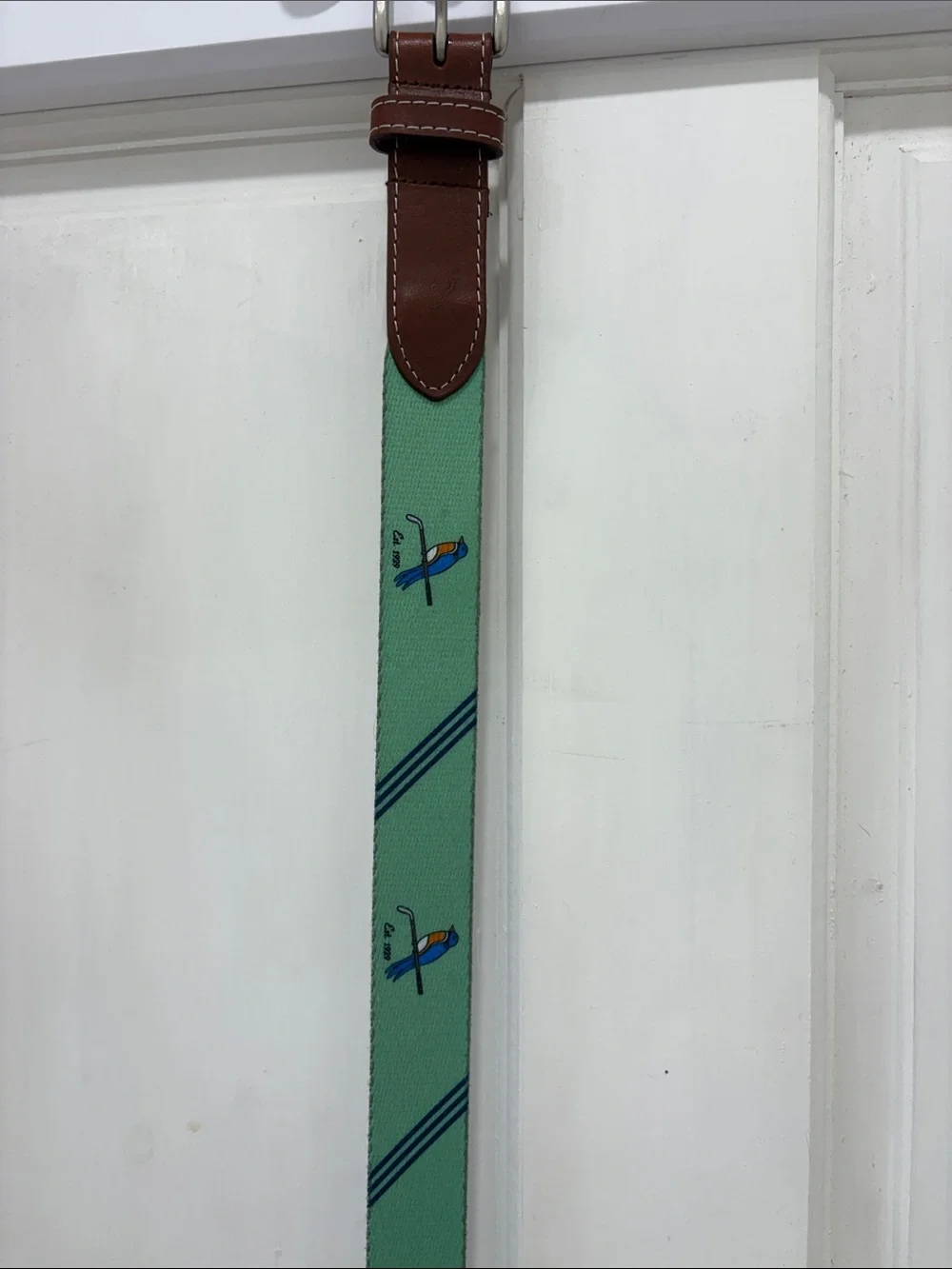 Peter Millar Green Golf belt with Brown Leather Accents size 38